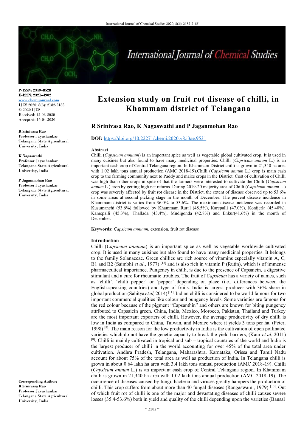 Extension Study on Fruit Rot Disease of Chilli, in Khammam District Of