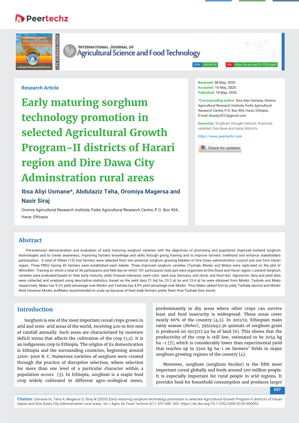 Early Maturing Sorghum Technology Promotion in Selected Agricultural Growth Program-II Districts of Harari Region and Dire Dawa City Adminstration Rural Areas