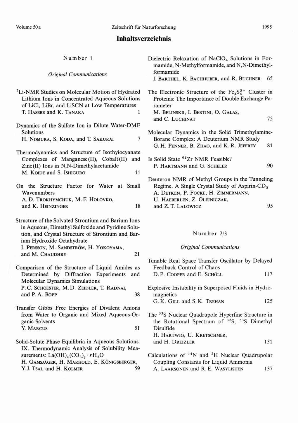 Volume 50 a Zeitschrift Für Naturforschung Inhaltsverzeichnis