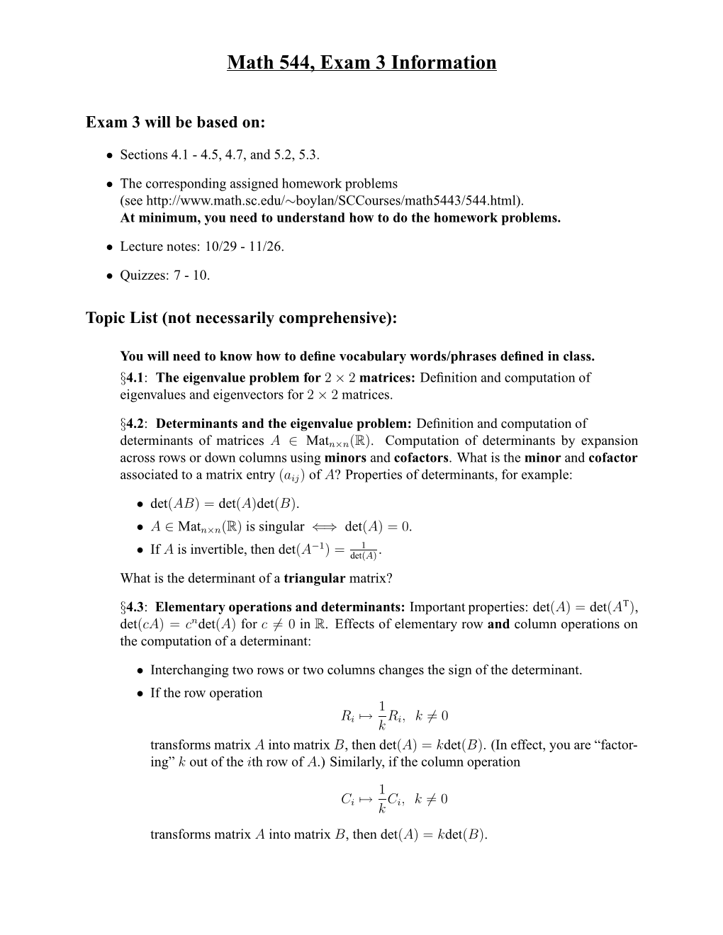 Math 544, Exam 3 Information