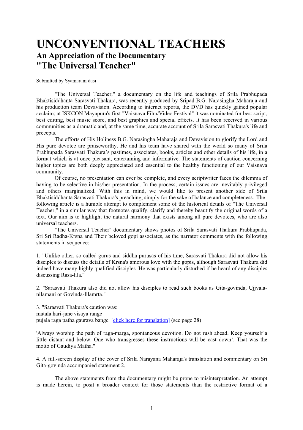 UNCONVENTIONAL TEACHERS an Appreciation of the Documentary 