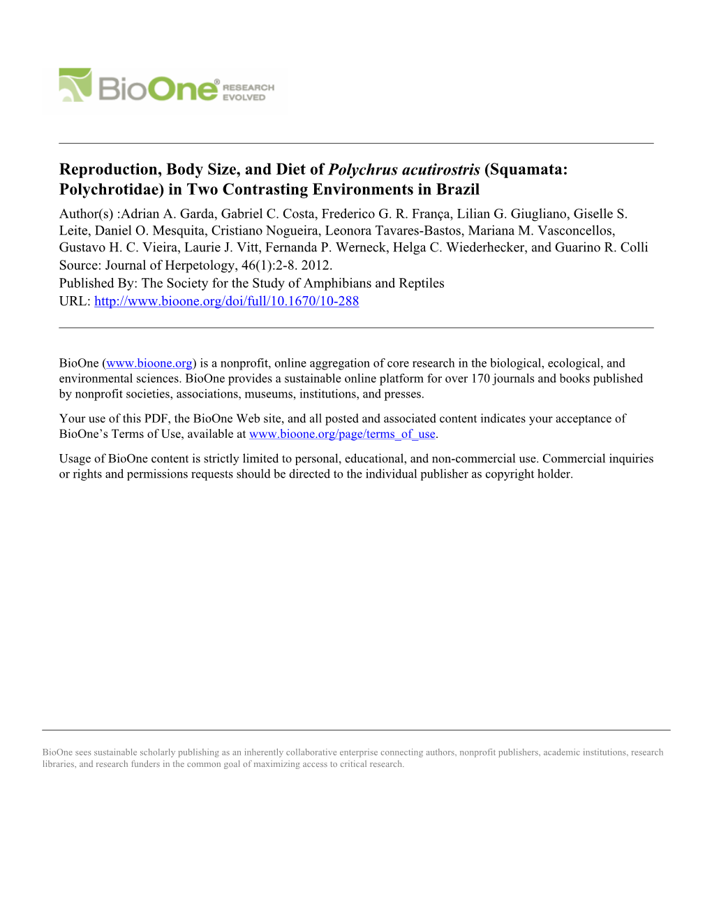 Squamata: Polychrotidae) in Two Contrasting Environments in Brazil Author(S) :Adrian A