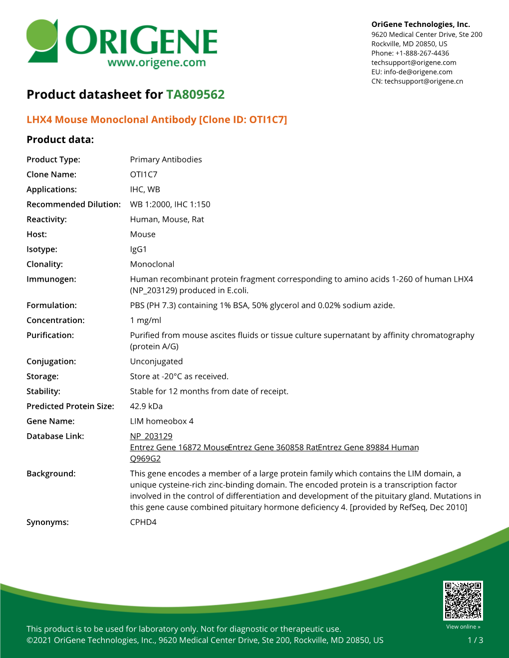 LHX4 Mouse Monoclonal Antibody [Clone ID: OTI1C7] Product Data