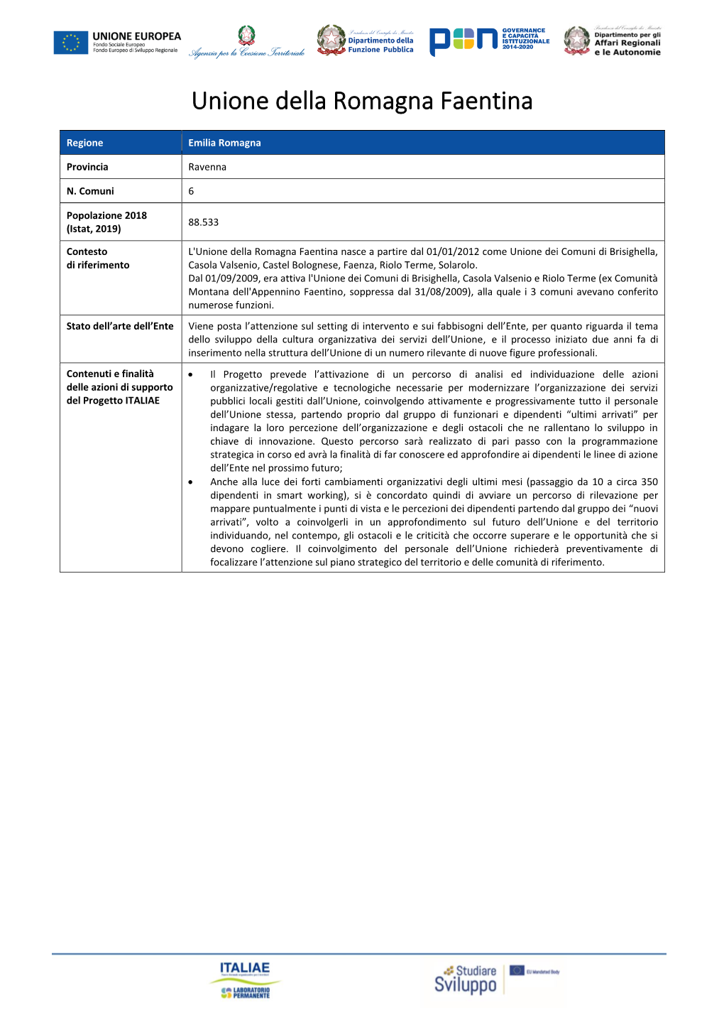 Piano Operativo Dell'unione Della Romagna Faentina