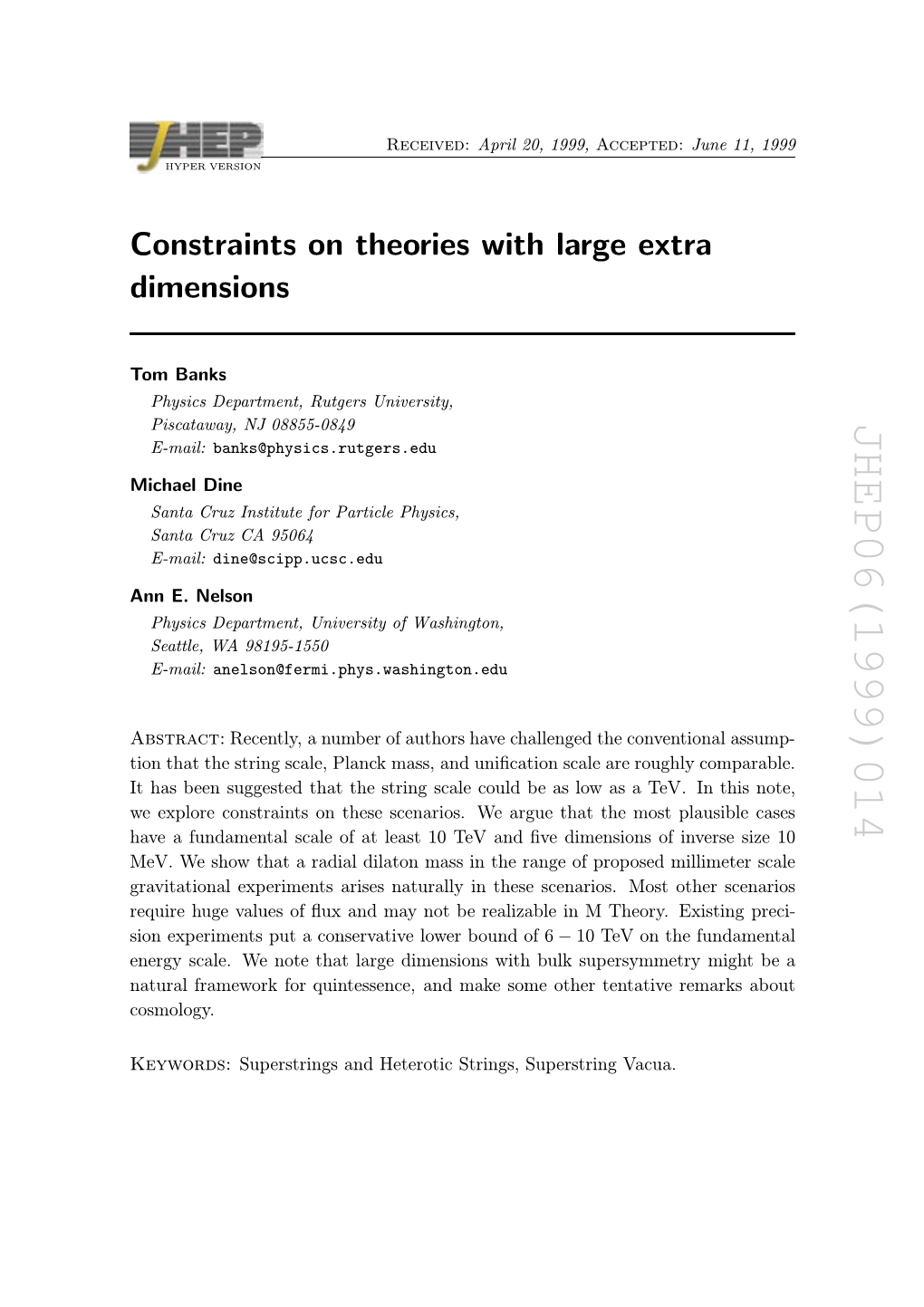 JHEP06(1999)014 June 11, 1999 Accepted: 10 Tev on the Fundamental − April 20, 1999, Received: Superstrings and Heterotic Strings, Superstring Vacua