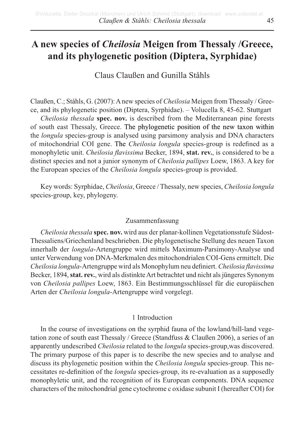 A New Species of Cheilosia Meigen from Thessaly /Greece, and Its Phylogenetic Position (Diptera, Syrphidae)