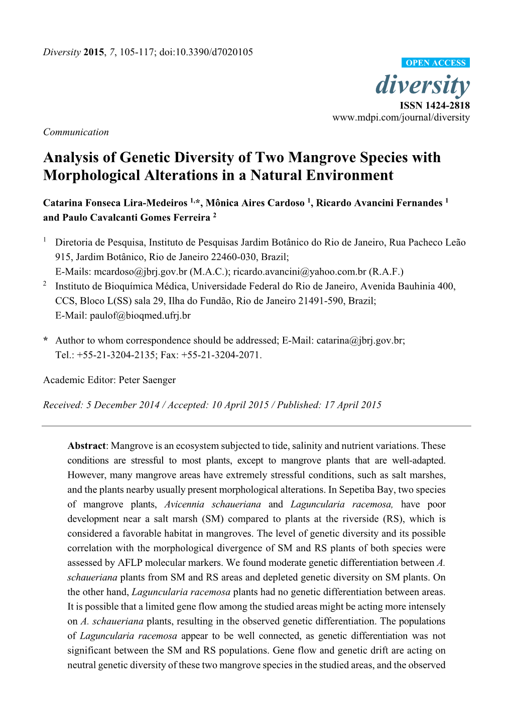 Analysis of Genetic Diversity of Two Mangrove Species with Morphological Alterations in a Natural Environment