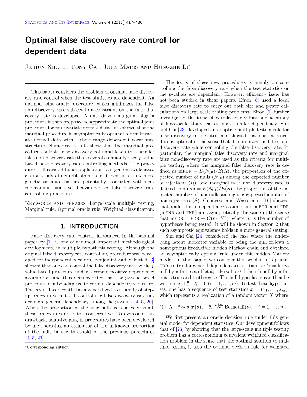 Optimal False Discovery Rate Control for Dependent Data