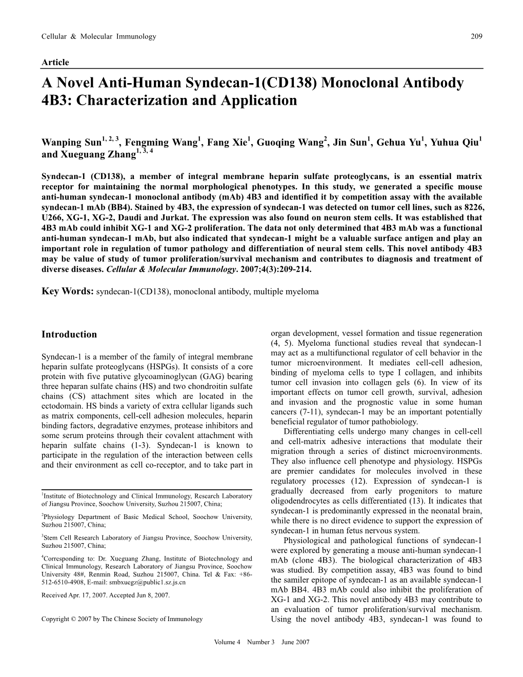 A Novel Anti-Human Syndecan-1(CD138) Monoclonal Antibody 4B3: Characterization and Application