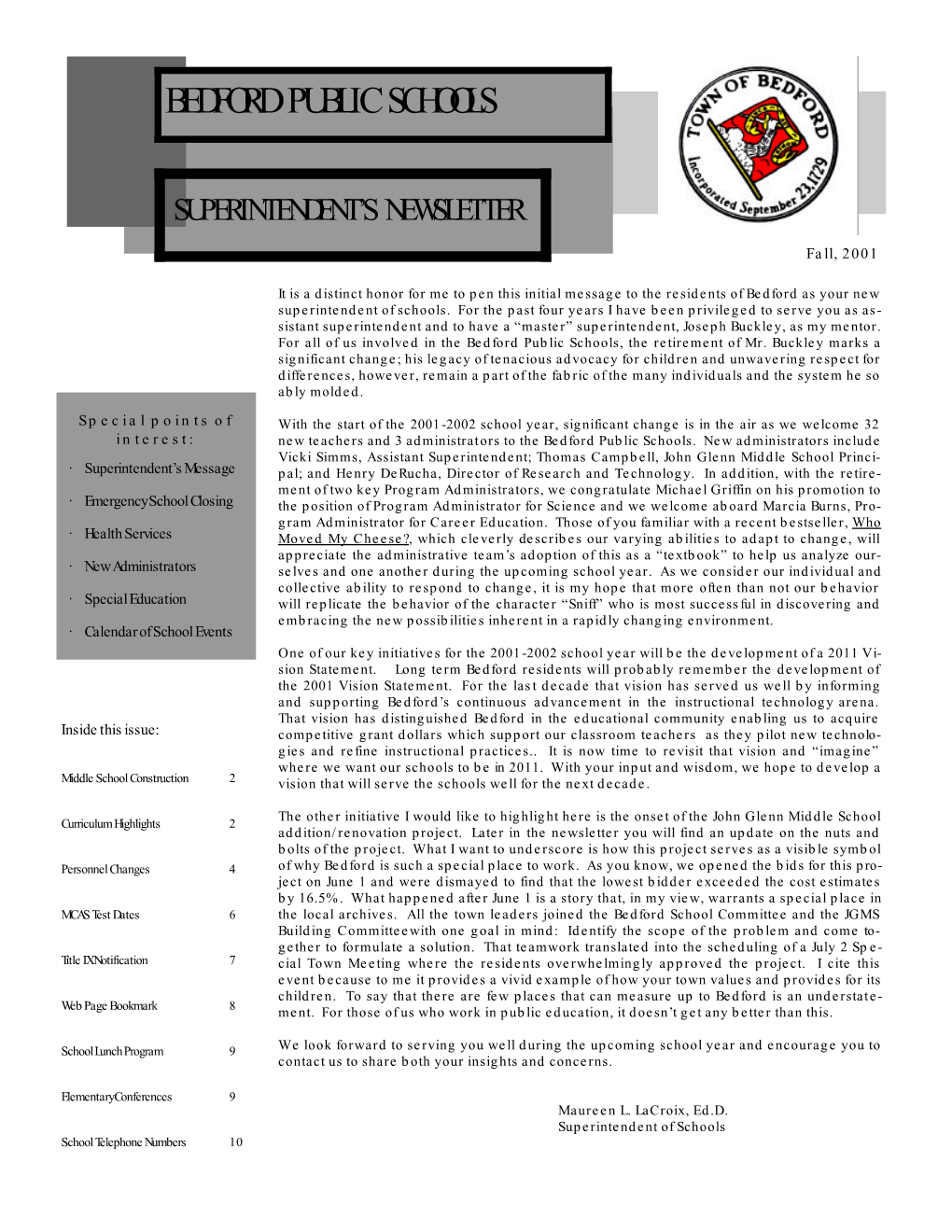 Superintendent's Newsletter