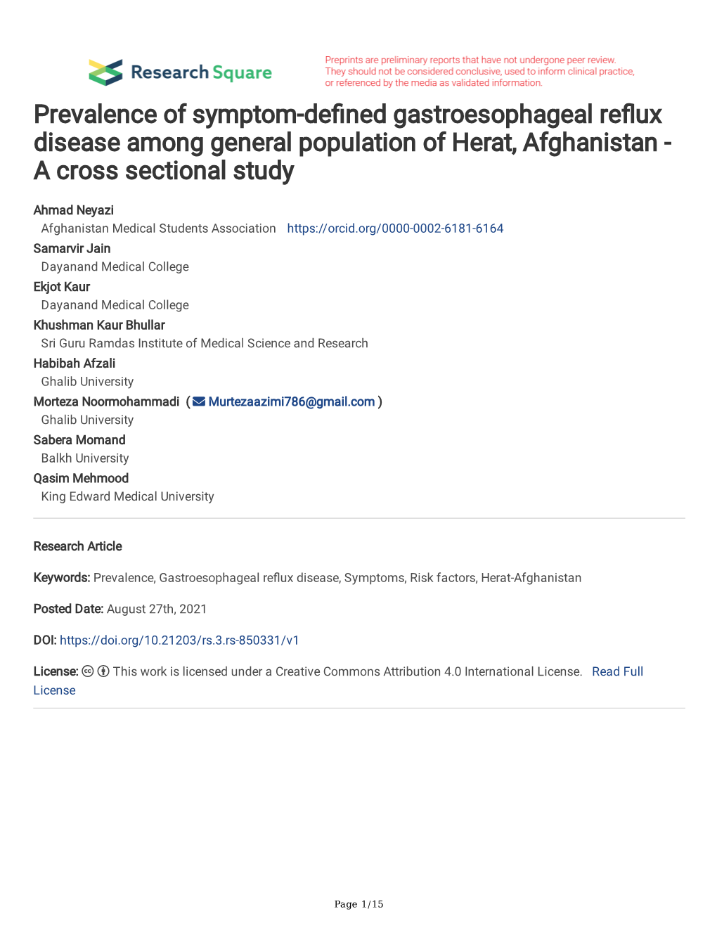 Prevalence of Symptom-De Ned Gastroesophageal Re Ux Disease