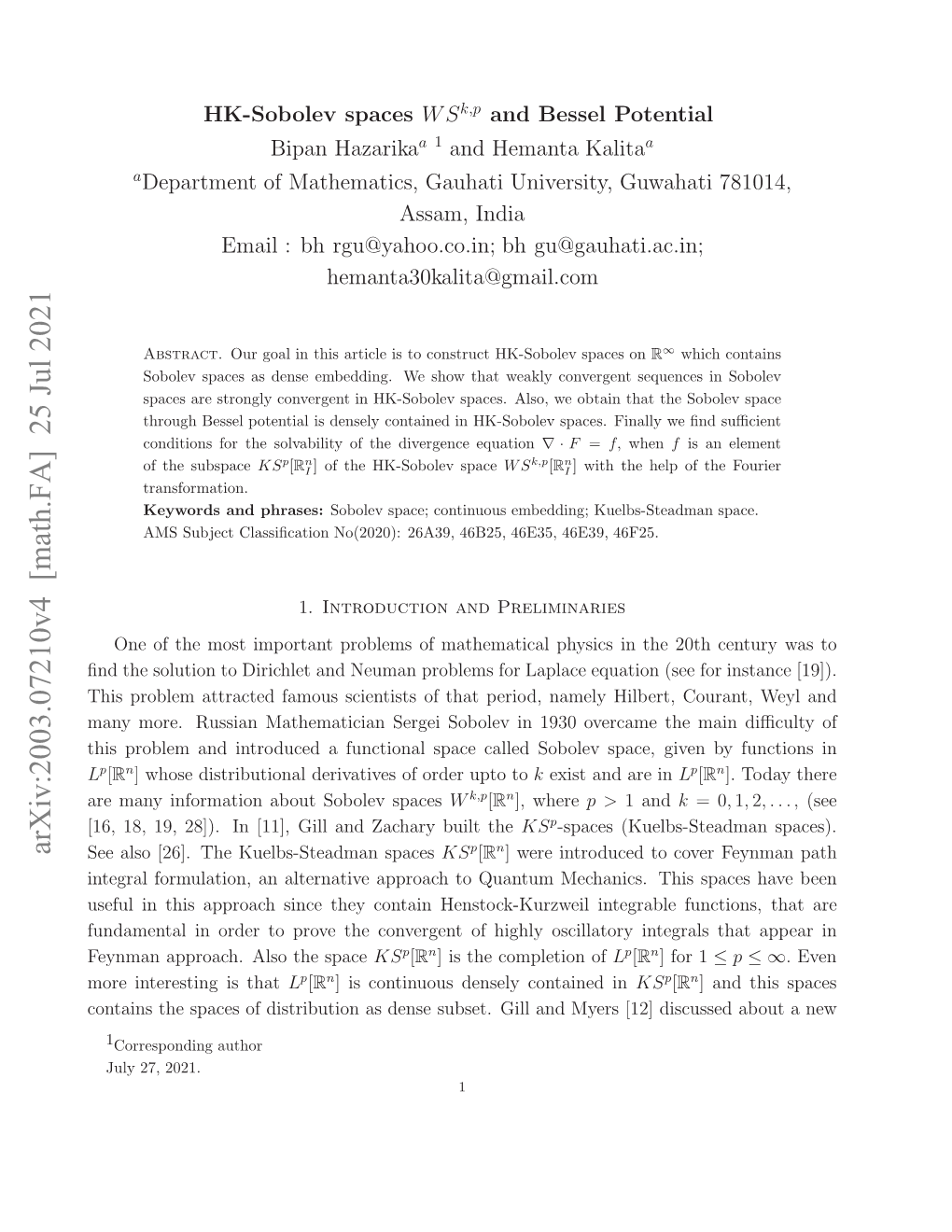 Arxiv:2003.07210V4 [Math.FA]