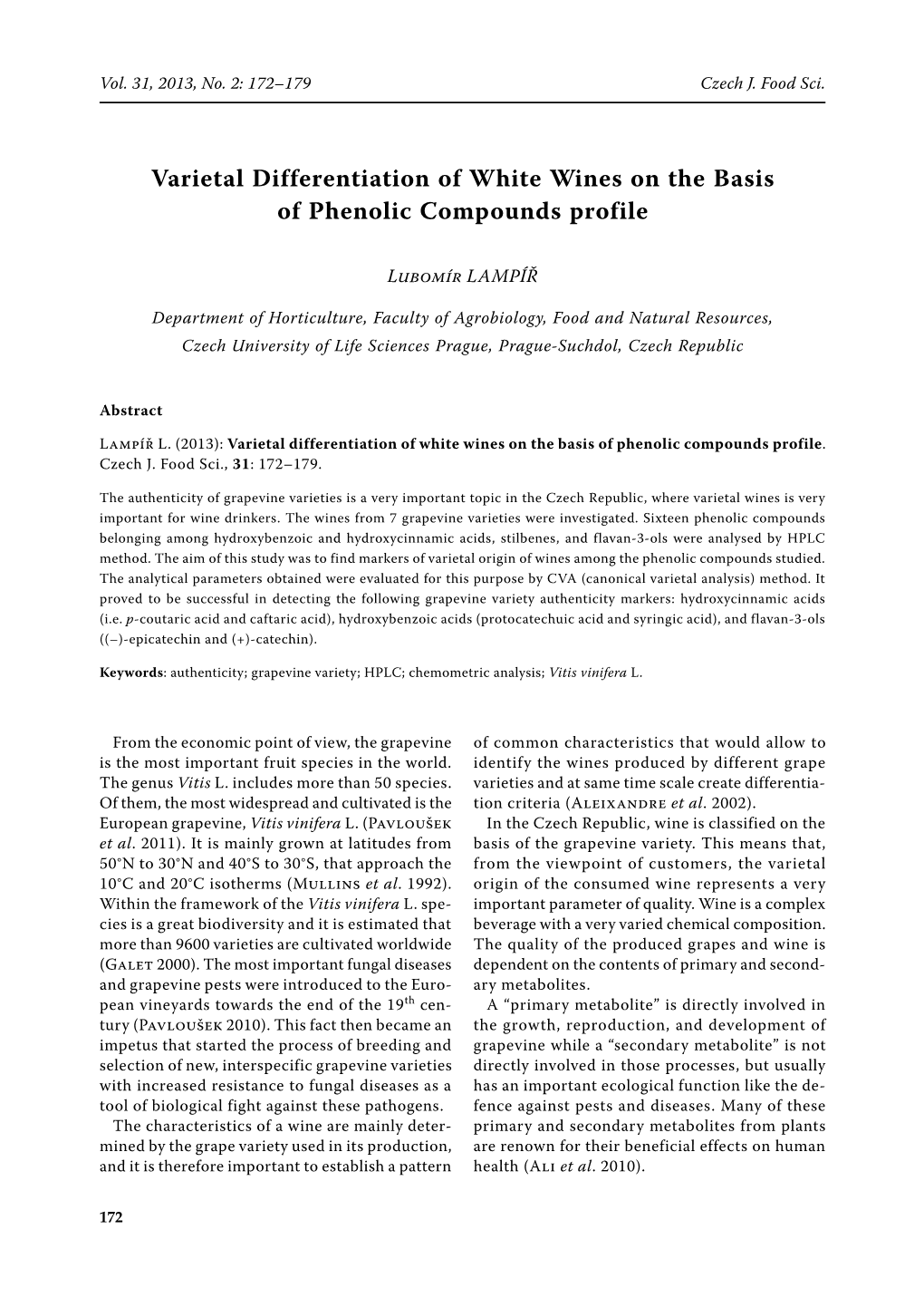 Varietal Differentiation of White Wines on the Basis of Phenolic Compounds Profile