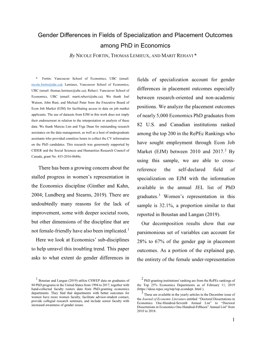 Gender Differences in Fields of Specialization and Placement Outcomes