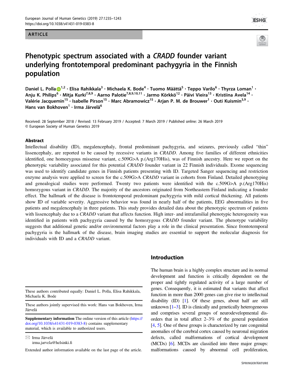 Phenotypic Spectrum Associated with a CRADD Founder Variant Underlying Frontotemporal Predominant Pachygyria in the Finnish Population