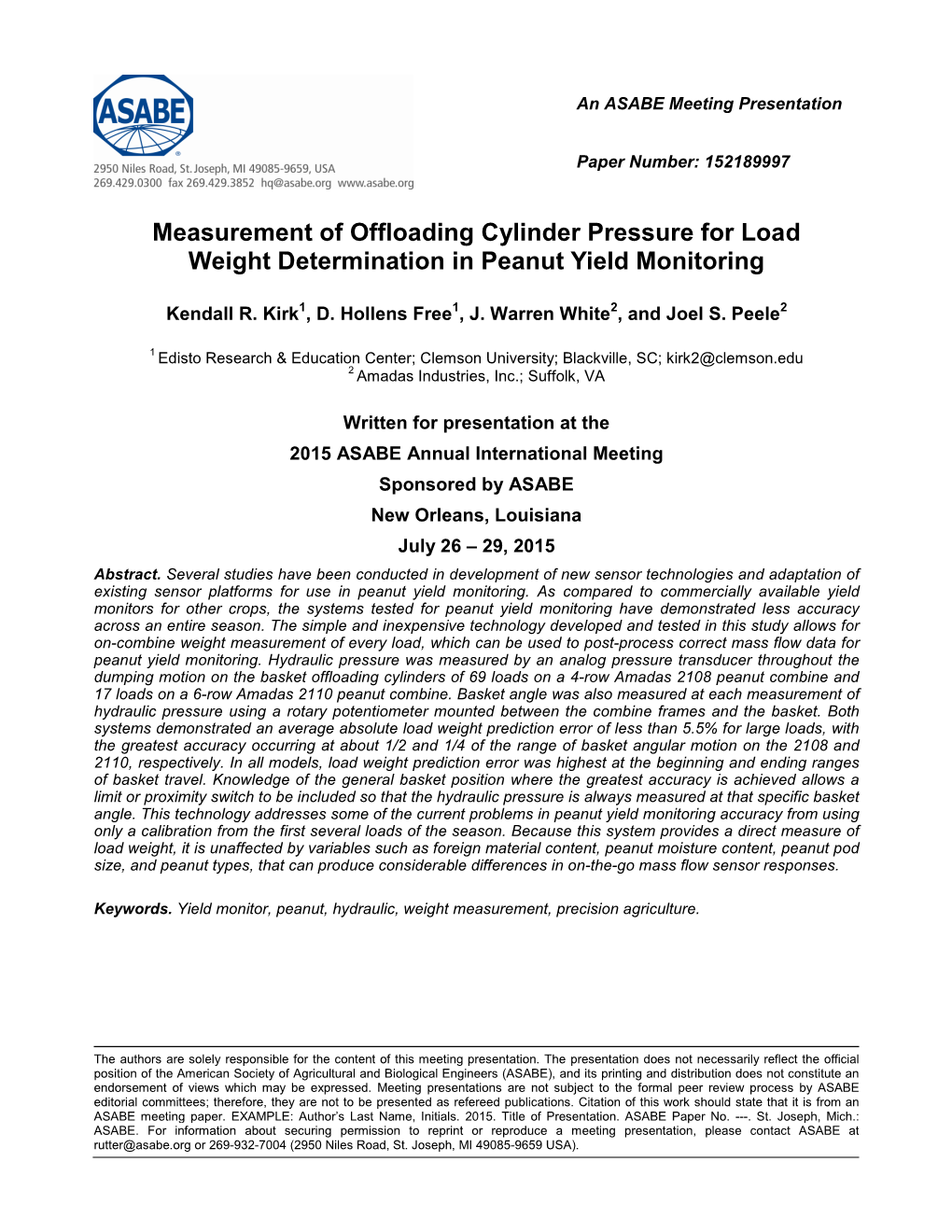 Measurement of Offloading Cylinder Pressure for Load Weight Determination in Peanut Yield Monitoring