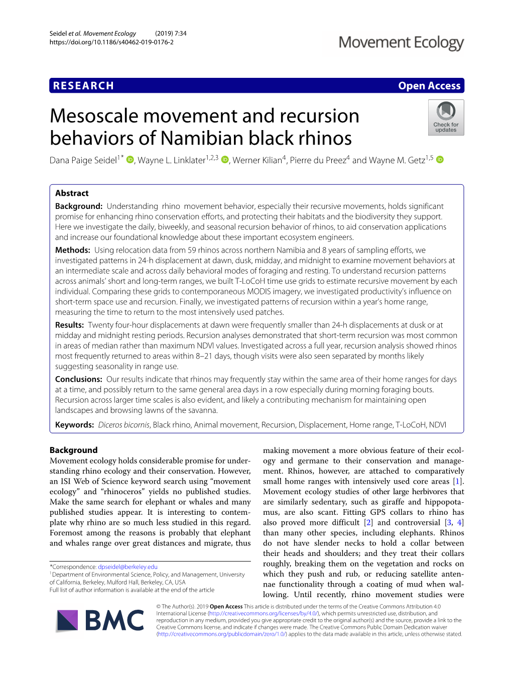 Mesoscale Movement and Recursion Behaviors of Namibian Black Rhinos Dana Paige Seidel1* , Wayne L