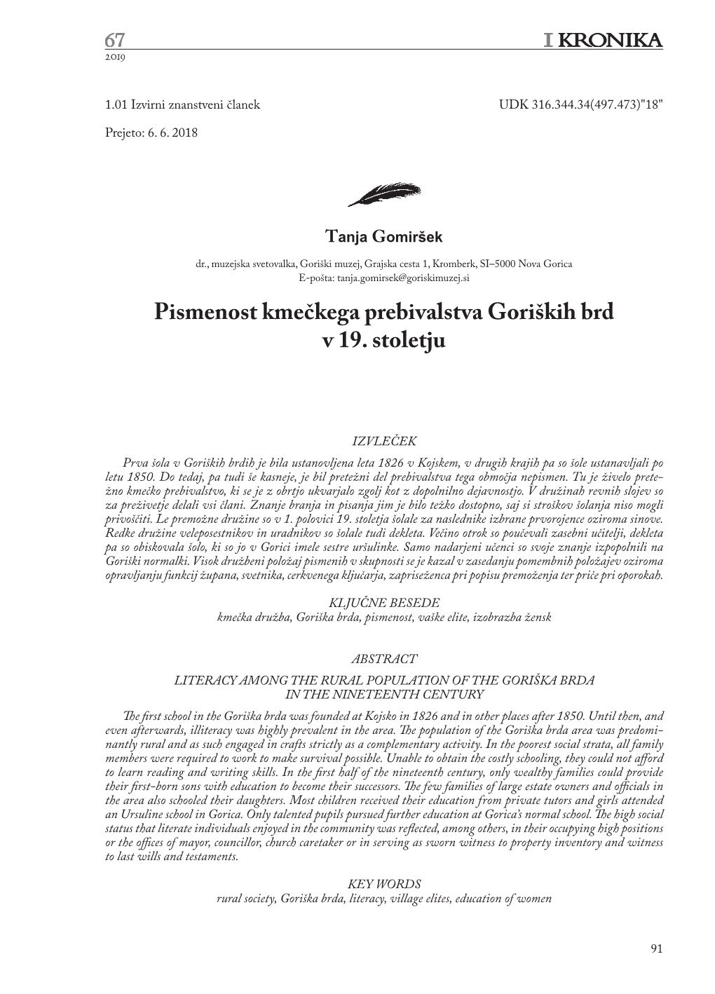 Pismenost Kmečkega Prebivalstva Goriških Brd V 19. Stoletju, 91–104 2019