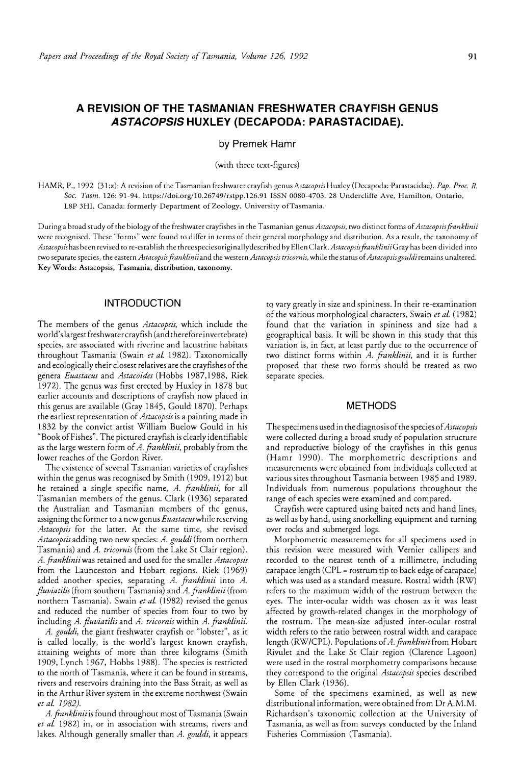 A Revision of the Tasmanian Freshwater Crayfish Genus Astacops/5 Huxley (Decapoda: Parastacidae)