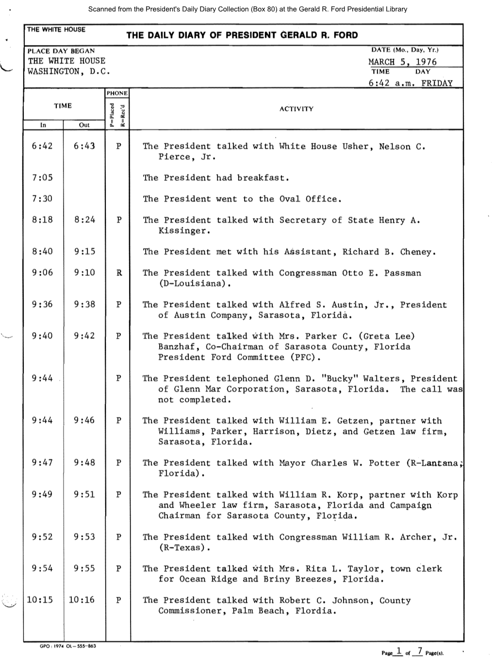 President's Daily Diary Collection (Box 80) at the Gerald R