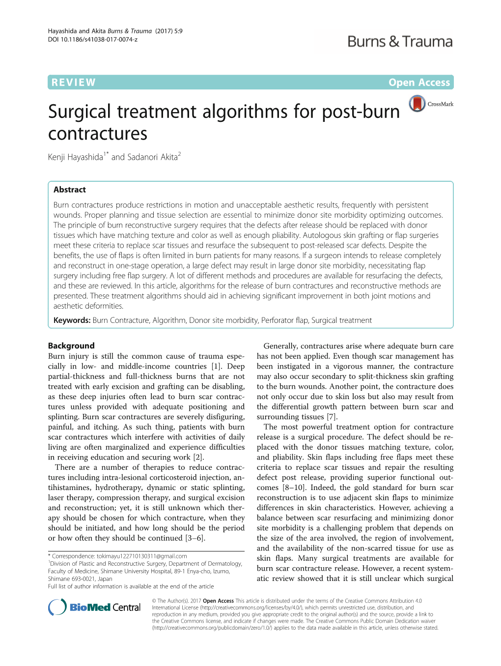 Surgical Treatment Algorithms for Post-Burn Contractures Kenji Hayashida1* and Sadanori Akita2