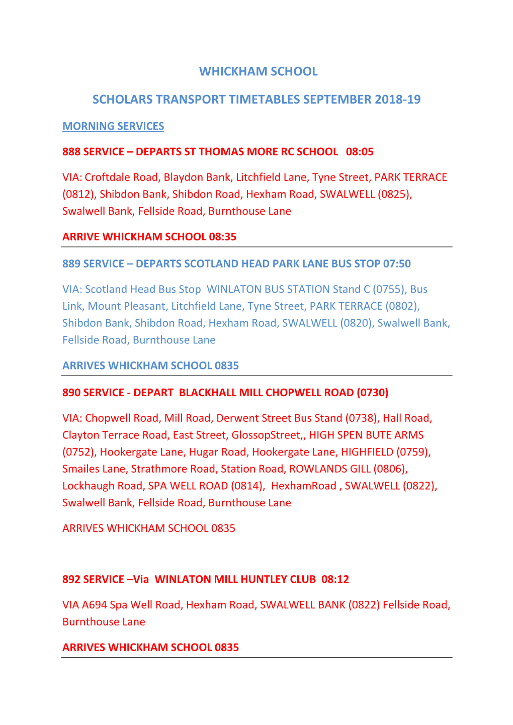 Whickham School Scholars Transport Timetables