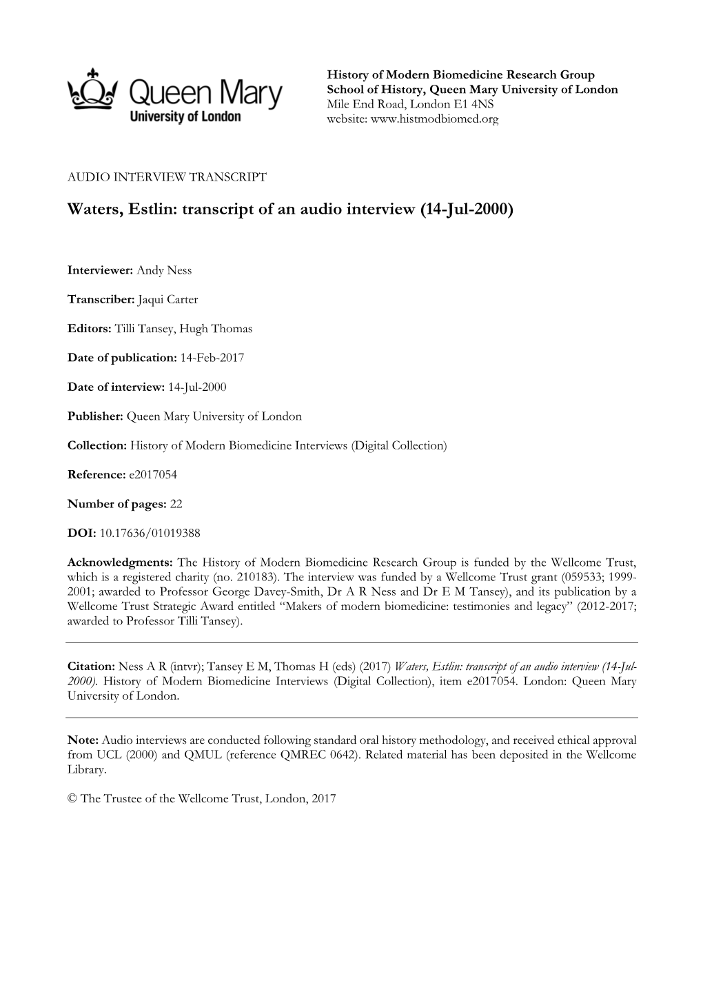 Waters, Estlin: Transcript of an Audio Interview (14-Jul-2000)