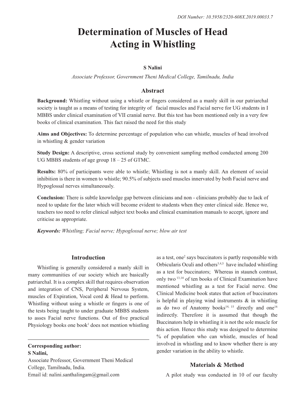 Determination of Muscles of Head Acting in Whistling