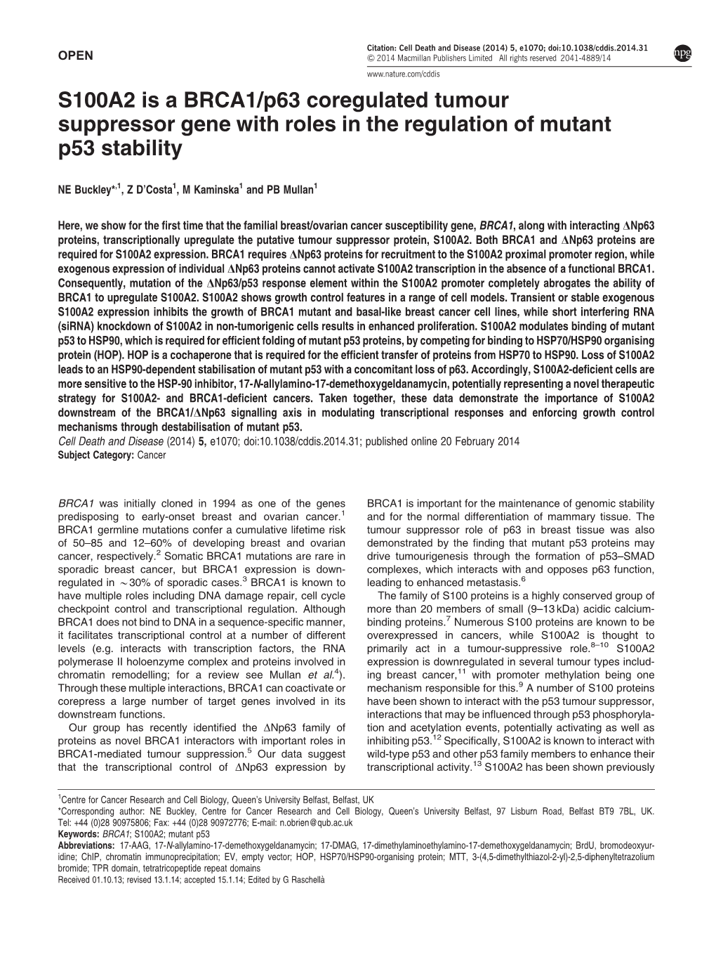 P63 Coregulated Tumour Suppressor Gene with Roles in the Regulation of Mutant P53 Stability