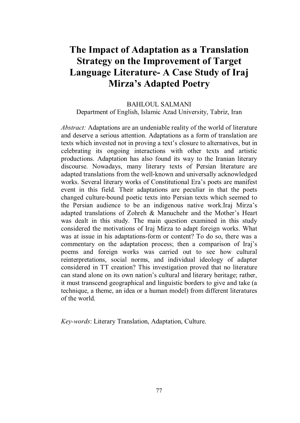 The Impact of Adaptation As a Translation Strategy on the Improvement of Target Language Literature- a Case Study of Iraj Mirza’S Adapted Poetry