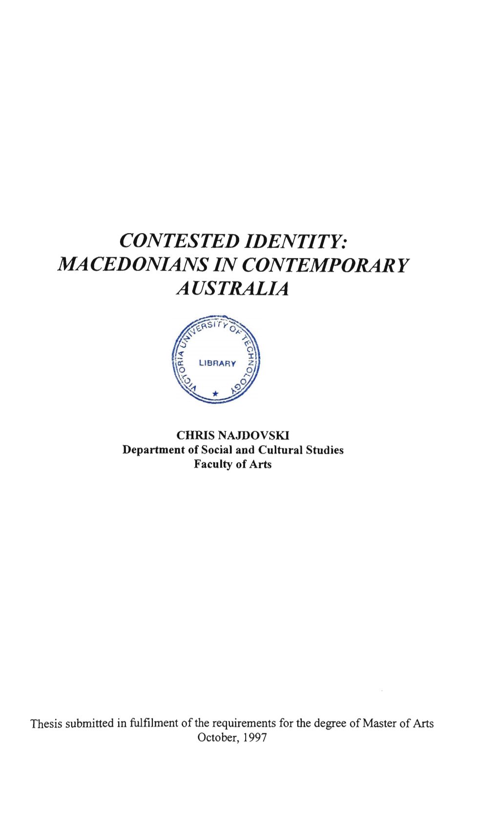 Contested Identity: Macedonians in Contemporary Australia