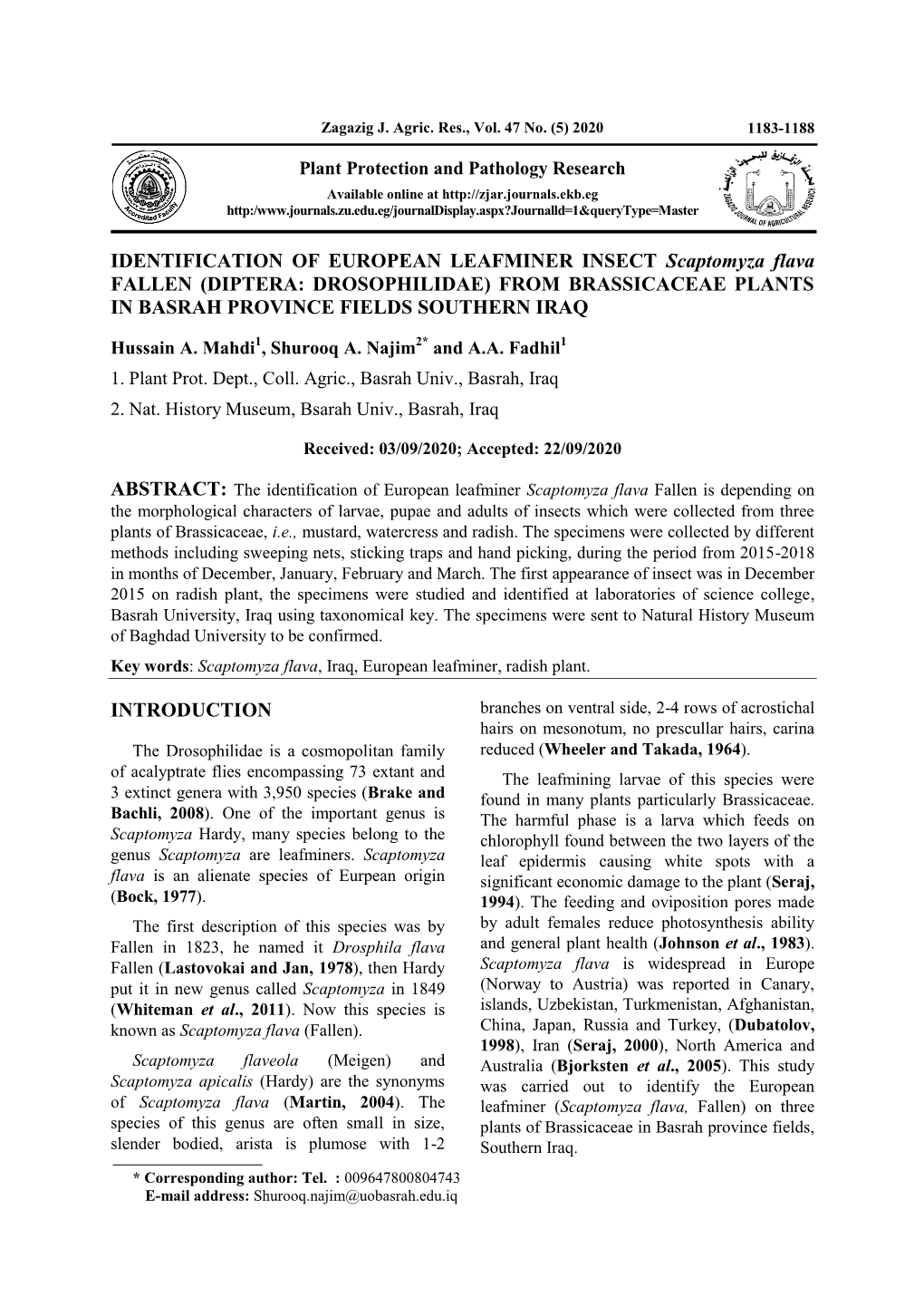 Diptera: Drosophilidae) from Brassicaceae Plants in Basrah Province Fields Southern Iraq