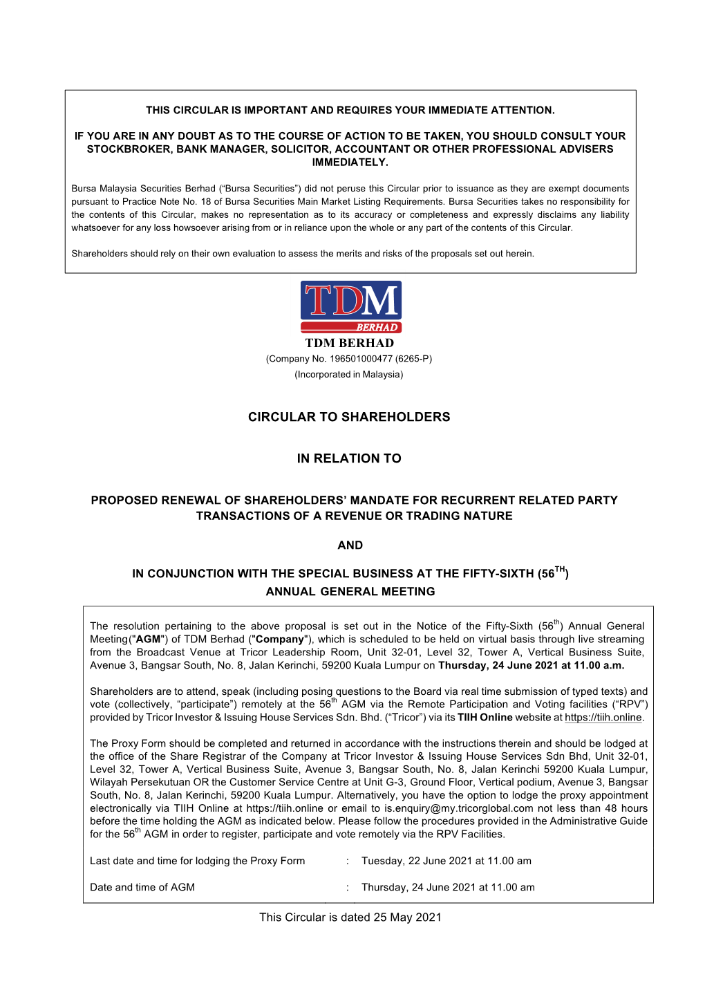 Tdm Berhad Circular to Shareholders in Relation To