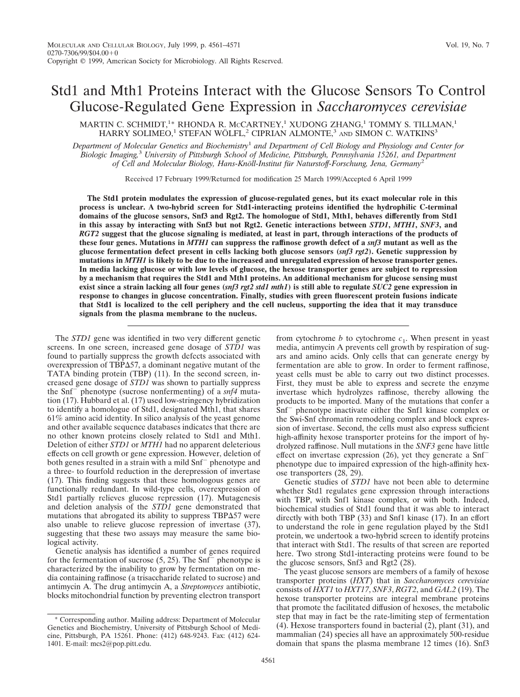 Std1 and Mth1 Proteins Interact with the Glucose Sensors to Control Glucose-Regulated Gene Expression in Saccharomyces Cerevisiae