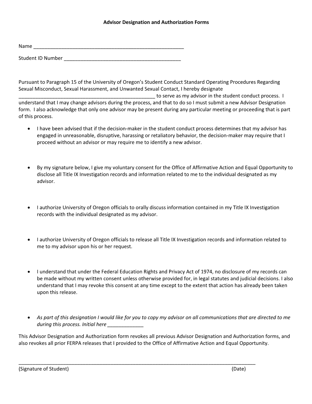 Advisor Designation and Authorization Forms