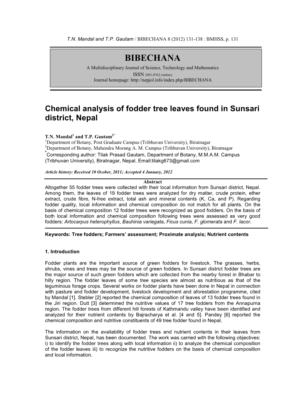 Chemical Analysis of Fodder Tree Leaves Found in Sunsari District, Nepal