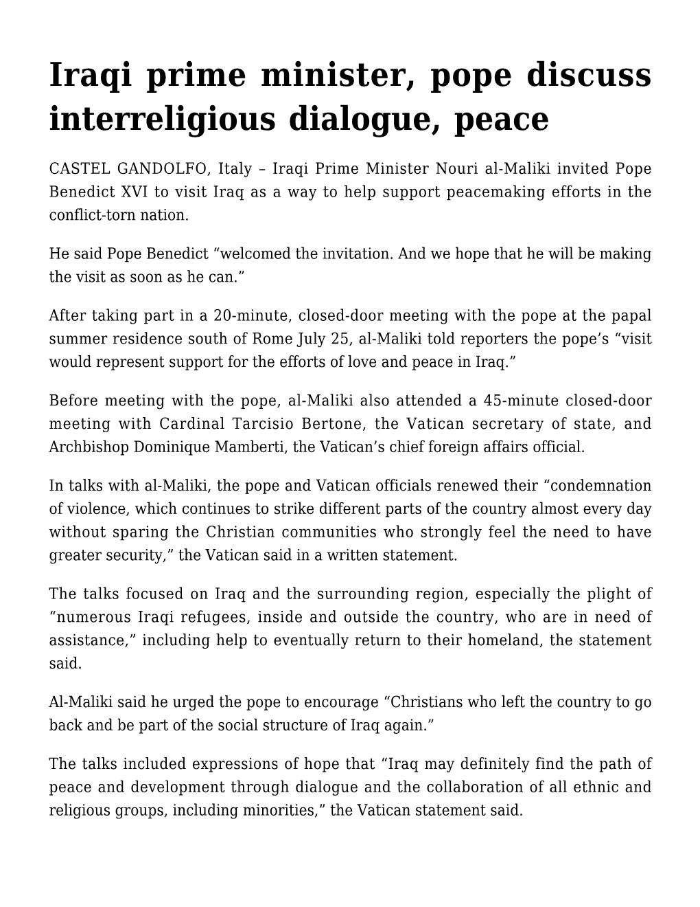 Iraqi Prime Minister, Pope Discuss Interreligious Dialogue, Peace