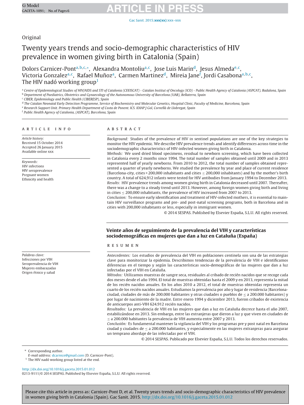 Twenty Years Trends and Socio-Demographic Characteristics of HIV Prevalence in Women Giving Birth in Catalonia (Spain)