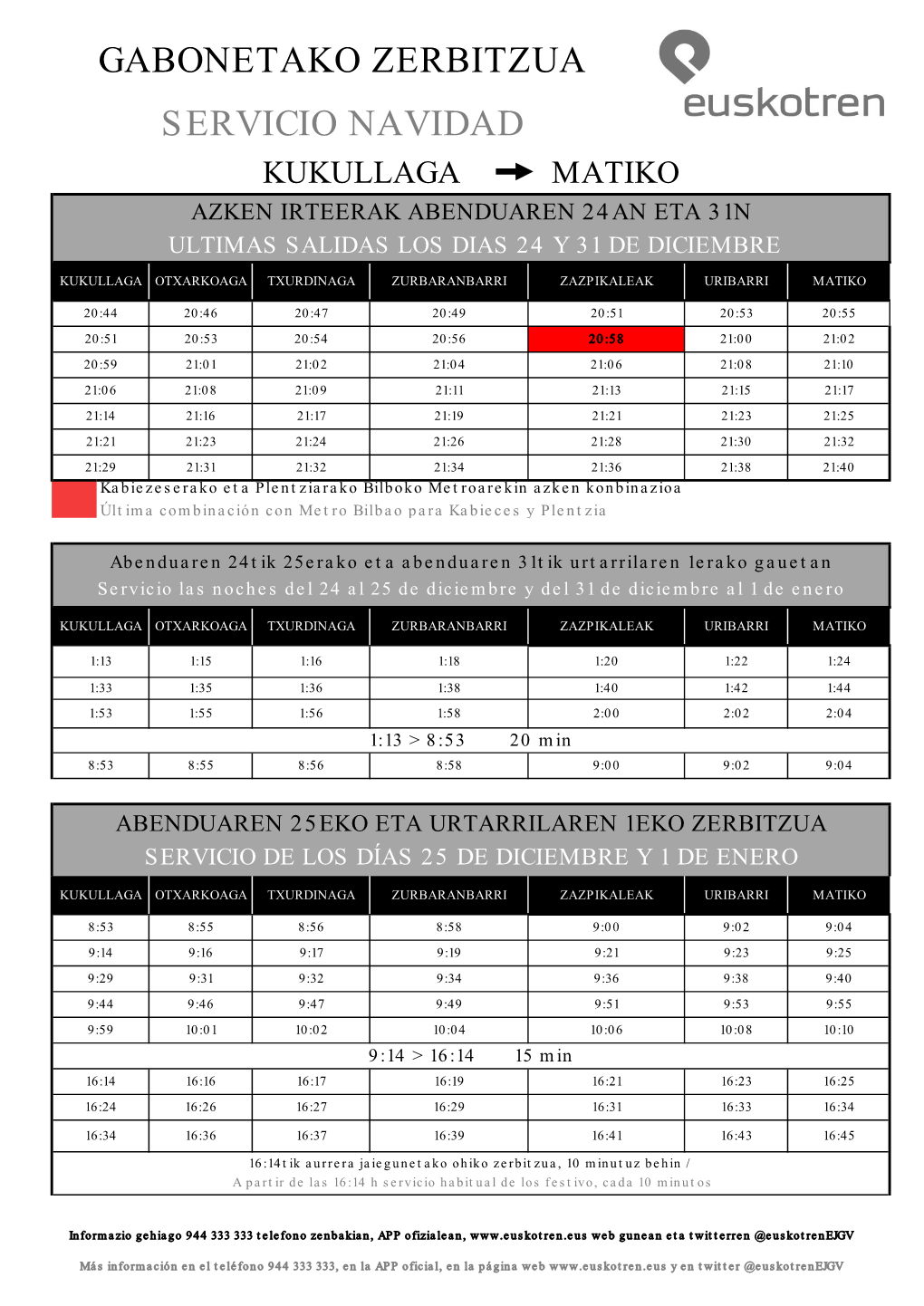 Gabonetako Zerbitzua Servicio Navidad Kukullaga Matiko Azken Irteerak Abenduaren 24An Eta 31N Ultimas Salidas Los Dias 24 Y 31 De Diciembre