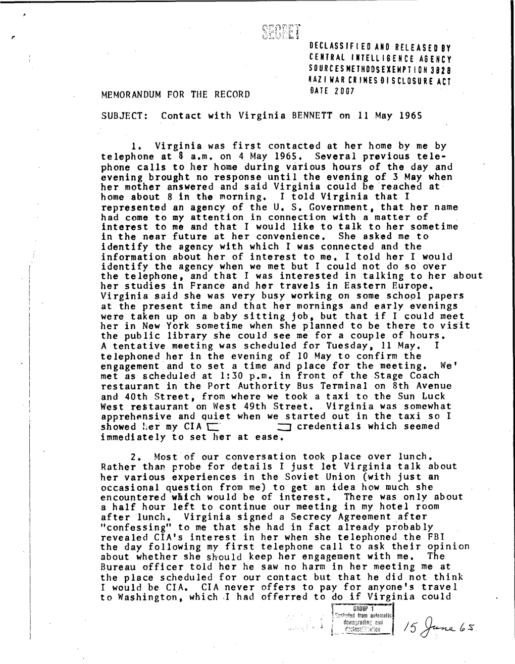 Contact with Virginia BENNETT on 11 May 1965 1. Virginia Was First