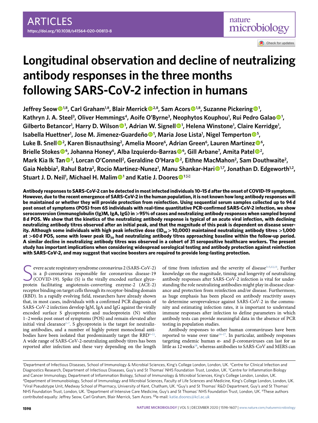 Longitudinal Observation and Decline of Neutralizing Antibody Responses in the Three Months Following SARS-Cov-2 Infection in Humans