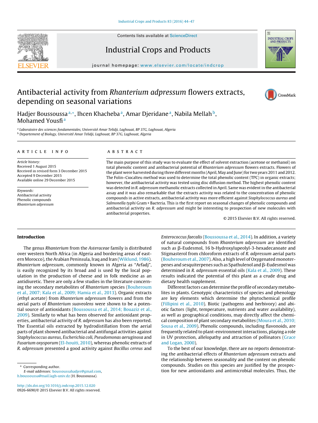 Antibacterial Activity from Rhanterium Adpressum Flowers Extracts, Depending on Seasonal Variations