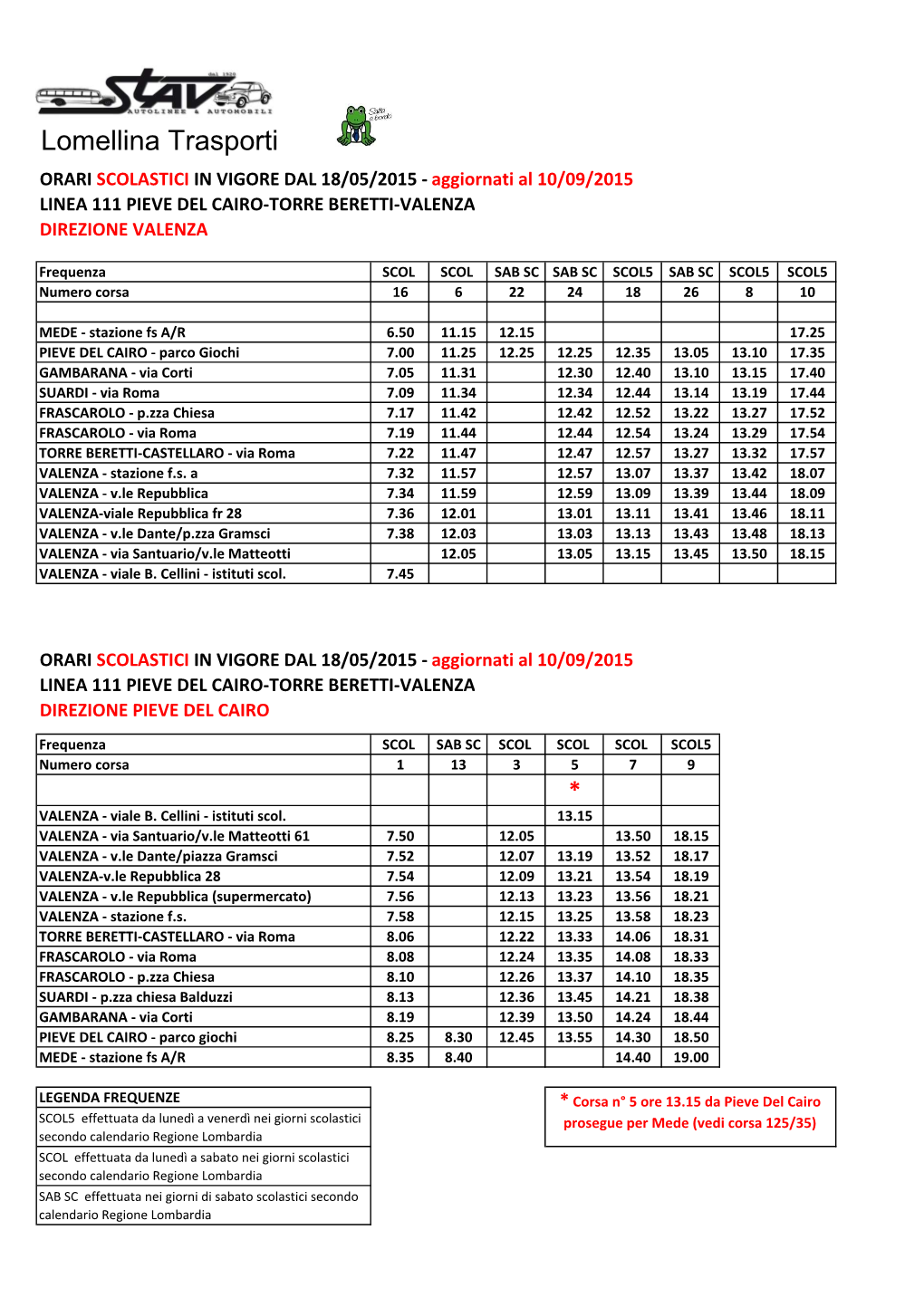 Lomellina Trasporti ORARI SCOLASTICI in VIGORE DAL 18/05/2015 - Aggiornati Al 10/09/2015 LINEA 111 PIEVE DEL CAIRO-TORRE BERETTI-VALENZA DIREZIONE VALENZA