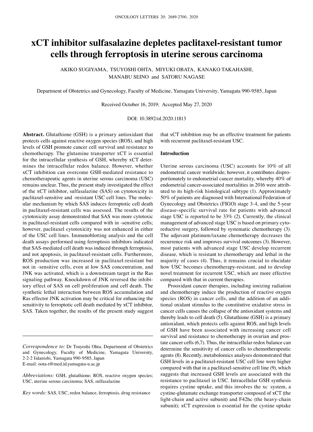 Xct Inhibitor Sulfasalazine Depletes Paclitaxel‑Resistant Tumor Cells Through Ferroptosis in Uterine Serous Carcinoma