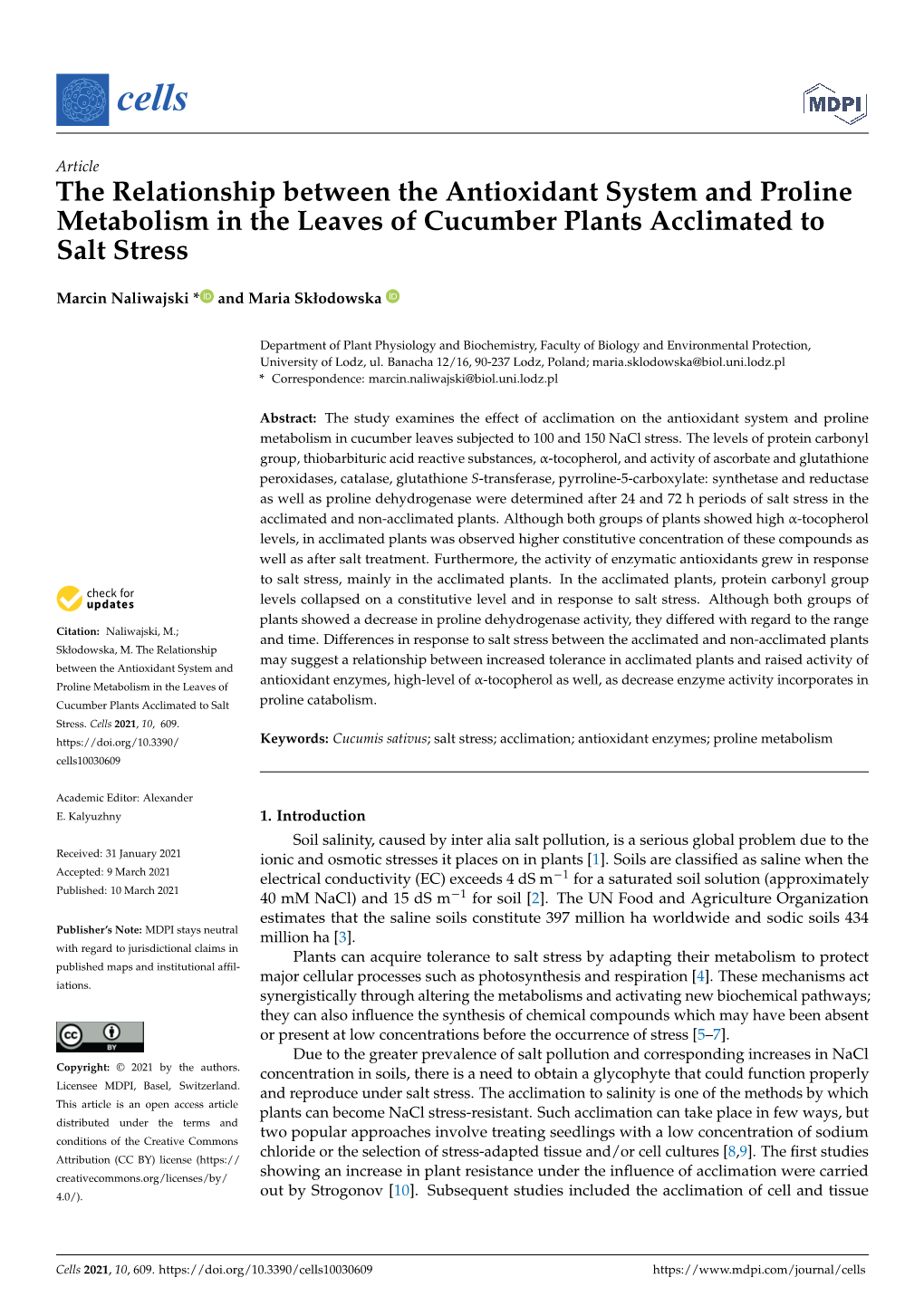 The Relationship Between the Antioxidant System and Proline Metabolism in the Leaves of Cucumber Plants Acclimated to Salt Stress