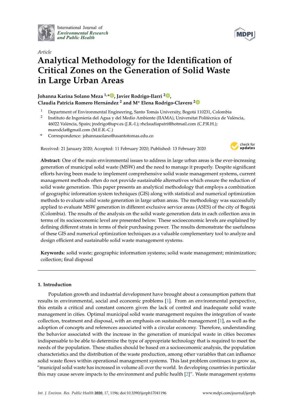 Analytical Methodology for the Identification of Critical Zones on the Generation of Solid Waste in Large Urban Areas