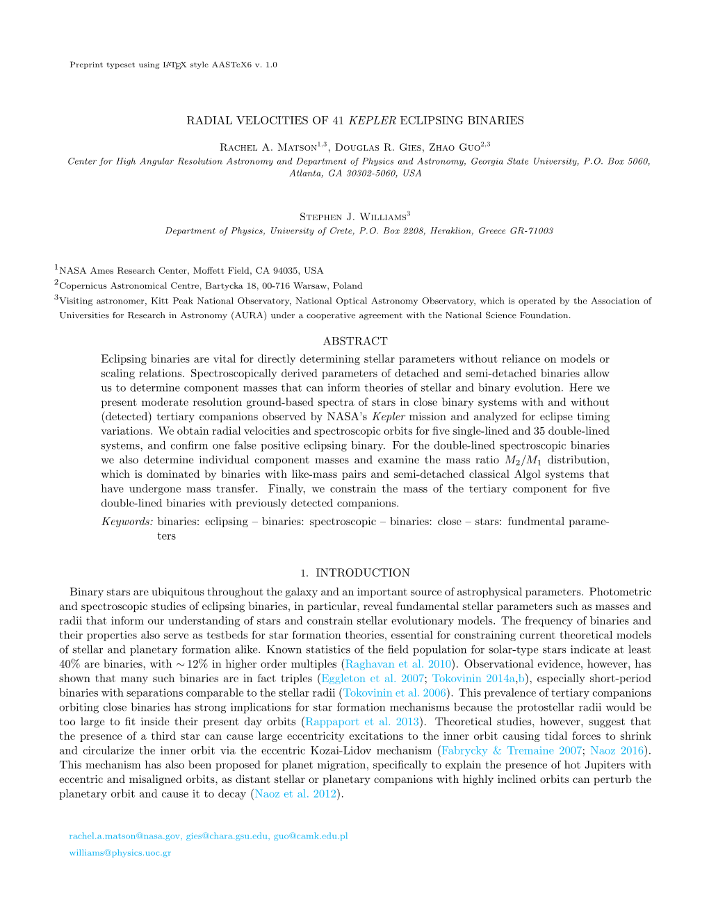 Radial Velocities of 41 Kepler Eclipsing Binaries Abstract