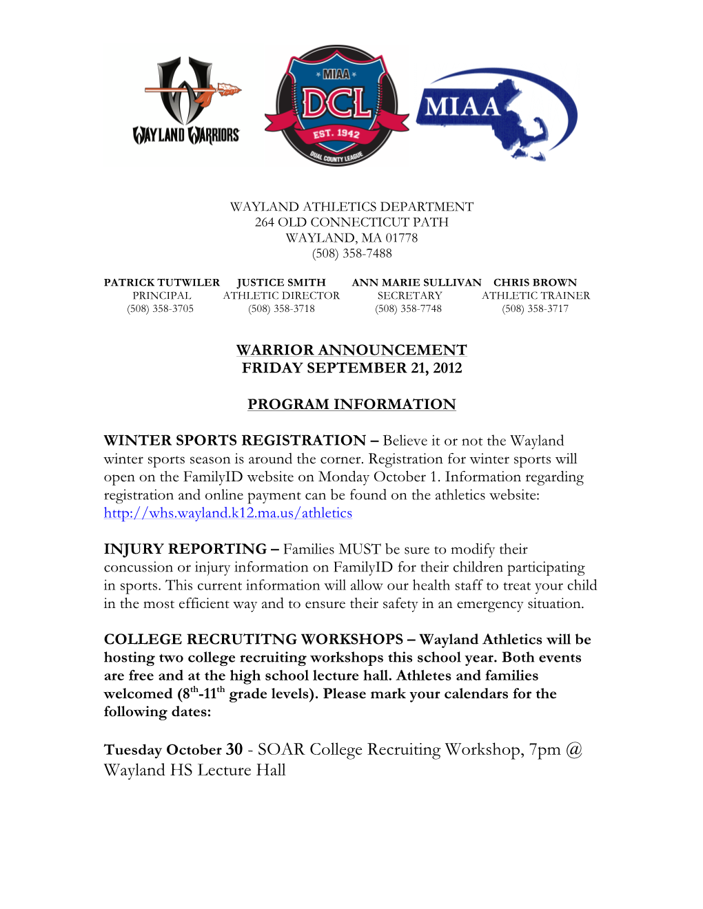 SOAR College Recruiting Workshop, 7Pm @ Wayland HS Lecture Hall