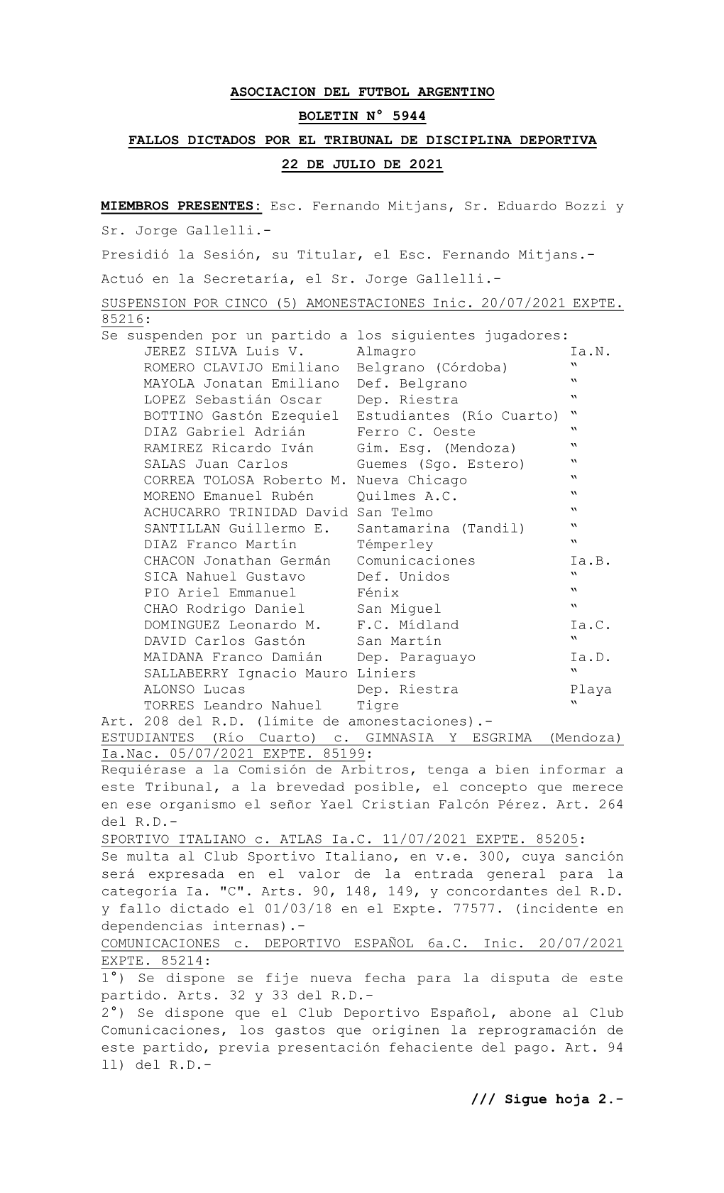 Asociacion Del Futbol Argentino Boletin N° 5944 Fallos Dictados Por El Tribunal De Disciplina Deportiva 22 De Julio De 2021
