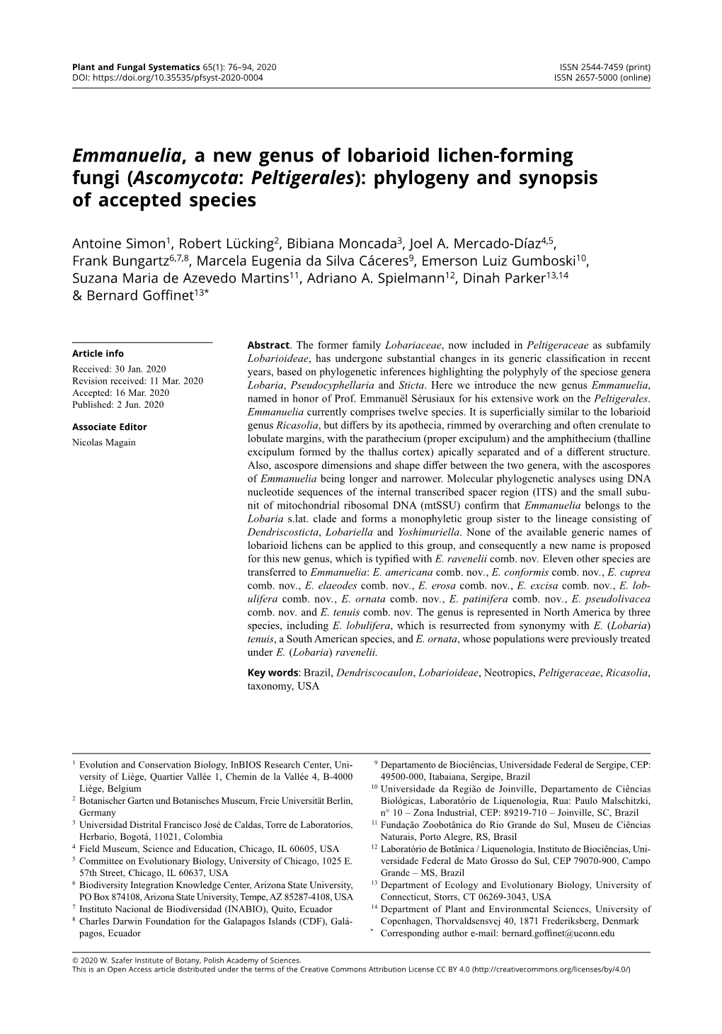 Emmanuelia, a New Genus of Lobarioid Lichen-Forming Fungi (Ascomycota: Peltigerales): Phylogeny and Synopsis of Accepted Species